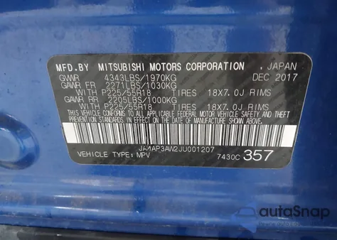 2018 Mitsubishi Outlander Sport 2.4 Se from USA, damaged, VIN JA4AP3AW2JU001207